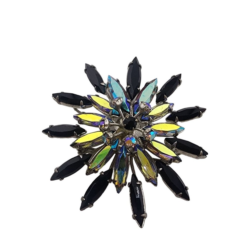 Vintage Unsigned Unique Construction Layered Rhinestone Flower Brooch (A3509)